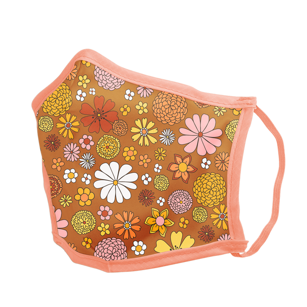 A tan-brown face mask with a peach colored trim. Tan-Brown part of the mask has multicolored and differently designed flowers.