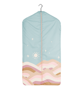 adult size garment bag with blue sky and pastel striped hills and stars. Bag is secured with a peach zipper that reaches all the way to the bottom.