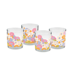 4 Rocks glasses with multi-color "Gatherin' Flowers" print wrapped around the glass.