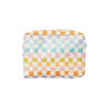 A super durable cute, colorful bag with a zipper on top that goes down about 1/4 of the side of the bag, made of recycled water bottles that can be used in a multitude of different ways, with a rainbow effect on checkerboard pattern with a white background.