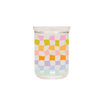 Carnival Checker glass tumbler with pink, green, orange, peach, purple, and blue in a funky checker pattern.