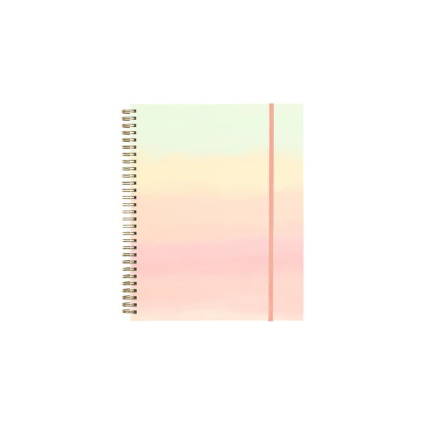 Rainbow ombre notebook planner with a spiral spine.