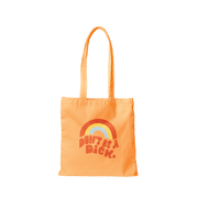 Orange canvas tote bag that says Don't be a Dick with a rainbow above it.