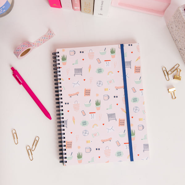 Lucky Charms Notebooks with icon doodles and Blue elastic closure. Pink Jotter Pen