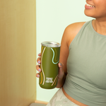 A girl in green holding an olive green tumbler with "probably late for something" in white lettering