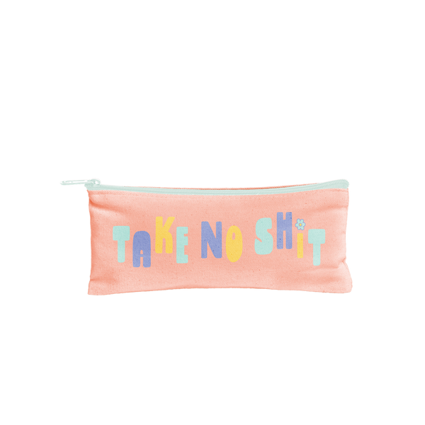 Canvas Pencil Pouch in peach with saying "take no shit" sticks and an aqua zipper.