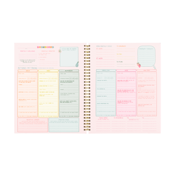 A two page planner spread with multiple goal setting categories. All categories are in different colors with coordinating lettering in darker print.