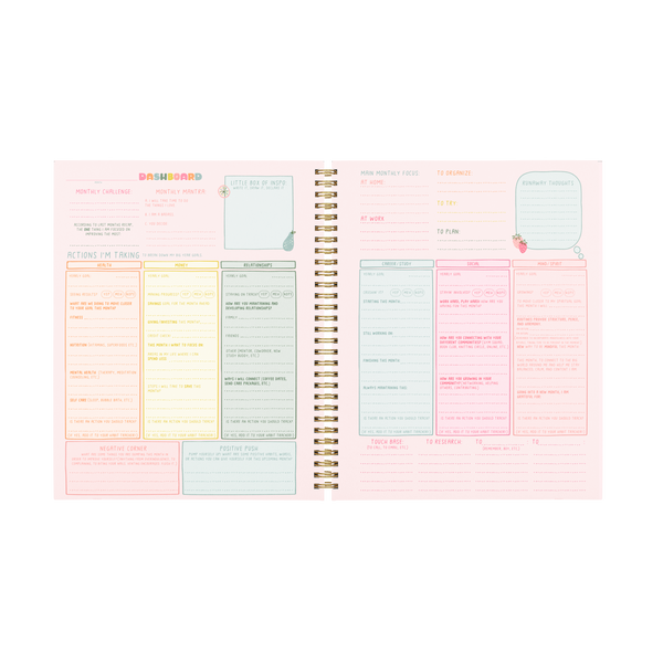 A two page planner spread with multiple goal setting categories. All categories are in different colors with coordinating lettering in darker print.
