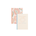 Notebook Set. 1st Notebook Gradient colored Sun and Moon outlined icon with gradient You Are Magical, Know Your Power Text. 2nd Notebook Multi Colored abstract squiggly circle all over pattern.