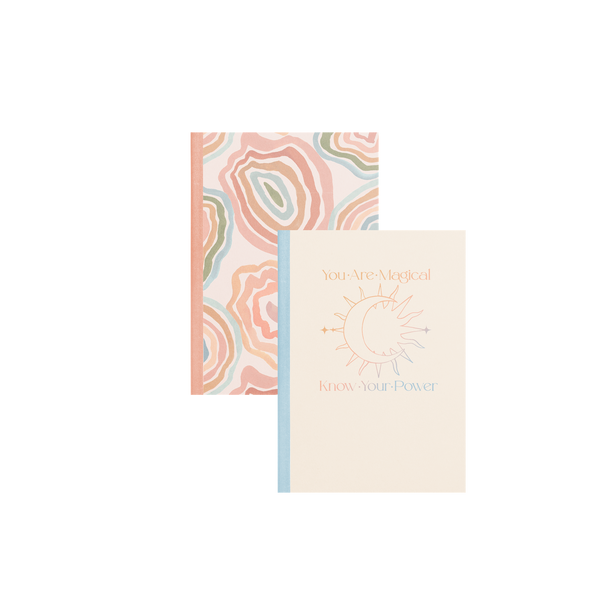 Notebook Set. 1st Notebook Gradient colored Sun and Moon outlined icon with gradient You Are Magical, Know Your Power Text. 2nd Notebook Multi Colored abstract squiggly circle all over pattern.