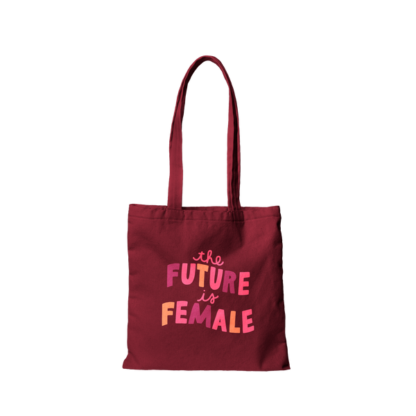 Sangria color canvas tote that says the Future is Female in colorful lettering.