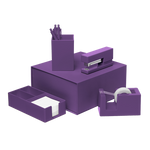 A purple desk set box. On top of the box is a desk organizer with purple jotters and a staple. Next to the box is a purple tape dispenser and a another desk organizer.