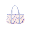 a duffel bag with periwinkle straps and magic sprigs print