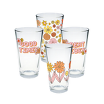Flower Power retro floral print Pint Glass Set with transparent background.