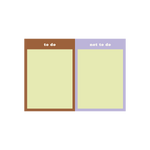 Pastel green tearaway notepad with "to do" side with brown border and "not to do" with pastel purple border on the other.