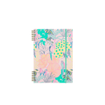 A multicolored notebook cover with pinks, yellows, purples and greens. Designs are different styles of leaves and birds, all overlapping.