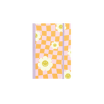 A 5.25" W X 7.75"H journal with purple tape binding and a purple elastic closure. The journal's cover features an all over pink and orange checkerboard print with white daisy's with a green smiling middle.