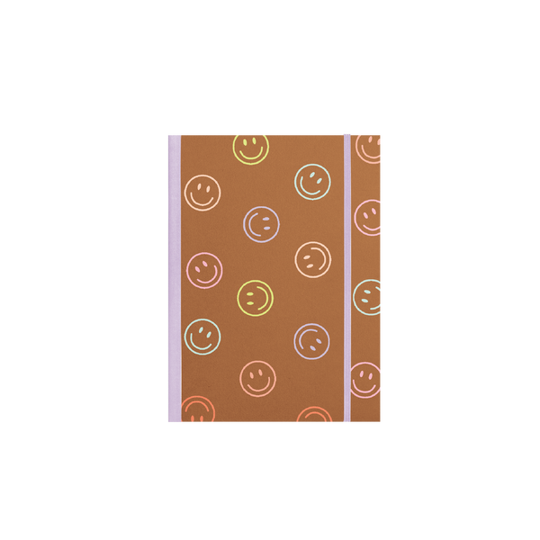 Brown colorful smiley pattern with a purple strap notebook