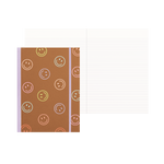 Brown colorful smiley pattern with a purple strap notebook with college ruled pages.