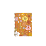 wire bound notebook with floral print on top of brown background with rust elastic closure