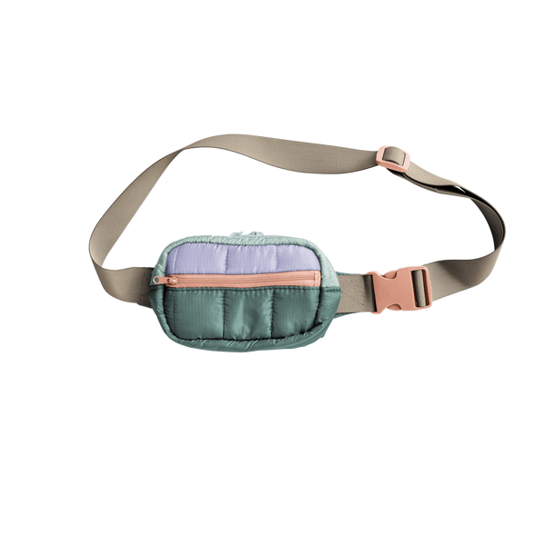 Small hip bag; sage green and light blue pouch with pink zipper; beige adjustable strap with pink buckle. 