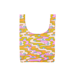 Delight twist & shout psych flower reusable bag pink, orange, green patterns.