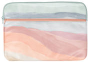 15in Zippered laptop sleeve with zippered front pocket and an open pocket in the back, laptop sleeve has water color stripes reminiscent of the sunset