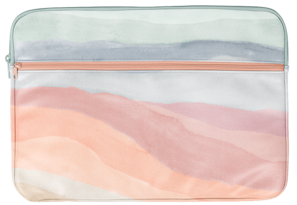 13in Zippered laptop sleeve with zippered front pocket and an open pocket in the back, laptop sleeve has water color stripes reminiscent of the sunset