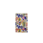 A botanical pattern with yellow, navy, pink, green and orange leaves and a orange elastic band. 