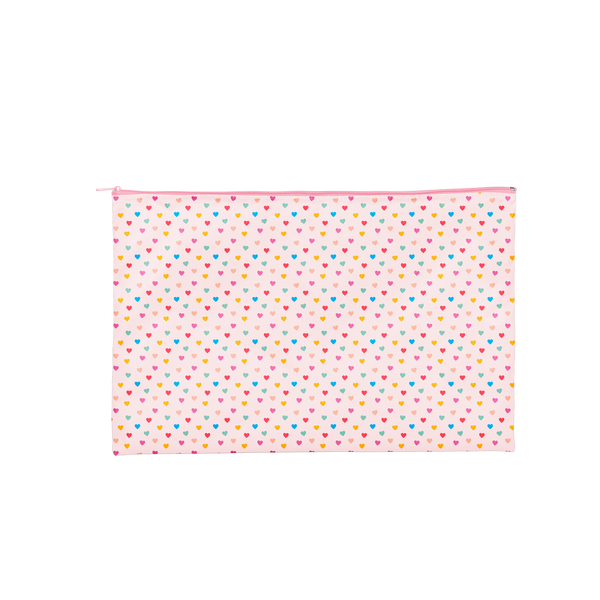 a pink pouch with tiny hearts on it