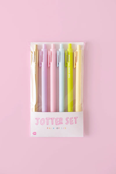 6 colorful jotter pens with different sayings