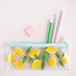 Lemons Pencil Kit includes a clear pencil pouch with a lemon design, three pencils, and an eraser.