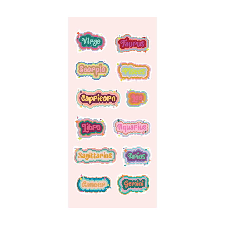 A pastel sticker sheet with all twelve zodiac signs in playful bubble letters. Each name—like Virgo, Taurus, Leo, and Pisces—is uniquely colored and outlined with layered shadows and sparkly accents. The background is soft pink, making the bright, colorful stickers pop.