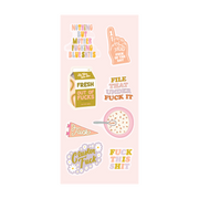 A playful and edgy sticker sheet with pastel-toned graphics and bold profanity. Includes phrases like “Fresh Out of Fucks,” “File That Under Fuck It,” and “Clusterfuck,” paired with quirky illustrations like a milk carton, foam finger, cereal bowl, and daisies. Ideal for those who love colorful stationery with attitude.