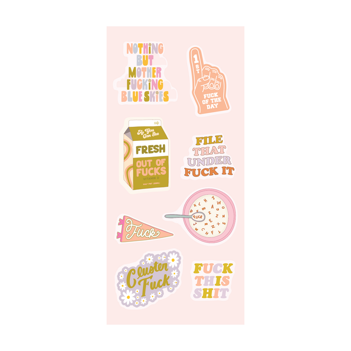 A playful and edgy sticker sheet with pastel-toned graphics and bold profanity. Includes phrases like “Fresh Out of Fucks,” “File That Under Fuck It,” and “Clusterfuck,” paired with quirky illustrations like a milk carton, foam finger, cereal bowl, and daisies. Ideal for those who love colorful stationery with attitude.