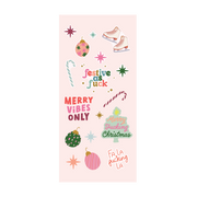 A cheeky holiday-themed sticker sheet with pastel Christmas icons like ornaments, candy canes, stars, and ice skates. Bold phrases include “festive as fuck,” “Merry Vibes Only,” “Merry Fucking Christmas,” and “Fa La Fucking La,” all in fun fonts and bright, jolly colors.