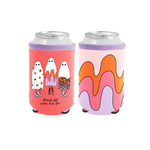reversible can insulator with bright red pink background with three ghosts with patterned sheets and the saying "ghouls just wanna have fun" and a light pink side with orange and pink groovy squiggle lines and light purple accents.
