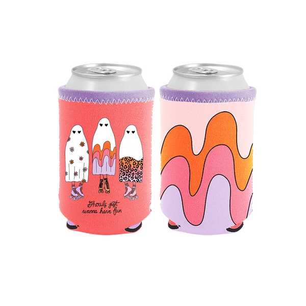 reversible can insulator with bright red pink background with three ghosts with patterned sheets and the saying "ghouls just wanna have fun" and a light pink side with orange and pink groovy squiggle lines and light purple accents.