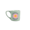 Teal element mug with a pink yellow smiley daisy in the middle of the mug with lowercase 