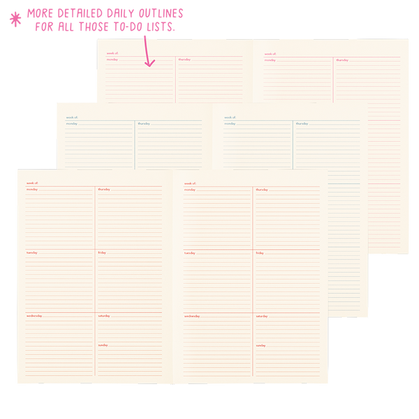 A two page spread with lined sections with each day of the week. Three notebooks are shown with different colored lines.