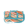 cute wild stripes traveler. large size duffle tote with teal hand and body straps. the duffle has a orange body with teal and pastel colored stripes