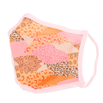 An animal print mask with cheetah print and other dotted print. Mask is in pinks, oranges, and pinks, with multiple sections on the mask with a different style print.