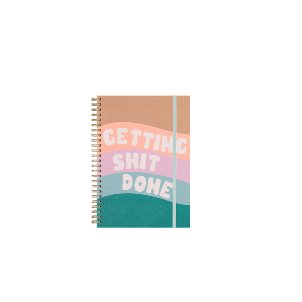 Perpetual Planner - Goal Getter Lite - Talking Out Of Turn undated planner cover with neutral colors of tan, pink, pastel coral, and two shades of teal with "Getting Shit Done" on it.