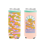 Reversible Slim Can Holder - Good Vibrations / psych flower designs pink, green, and blue.