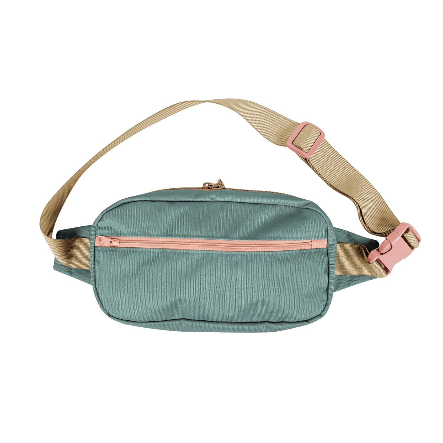 Sage color large hip bad with a coral pink zipper and tan strap
