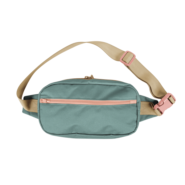 Sage color large hip bad with a coral pink zipper and tan strap