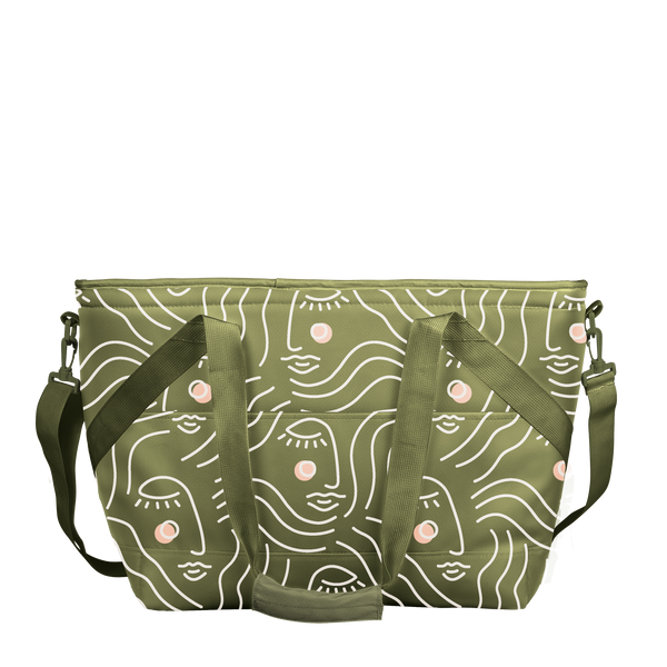 Ice Queen Zen Ladies shoulder cooler tote with olive green background and white retro ladies stencil drawing with pink and white cheeks.
