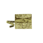 An olive green roll up pouch with stencil women faced in white and pink. Pouch is good for holding brushes, pens, pencils, small electronics and has buttons to close the pouch after rolling up.