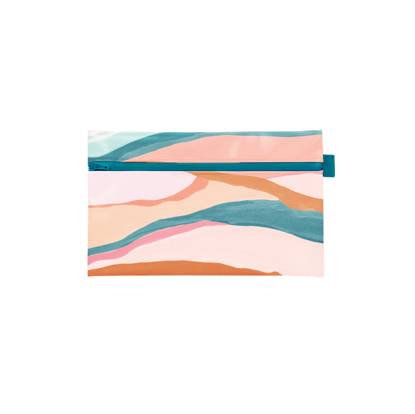 An abstract landscape designed pouch in pastel colors. Zipper is on the top front of the pouch.